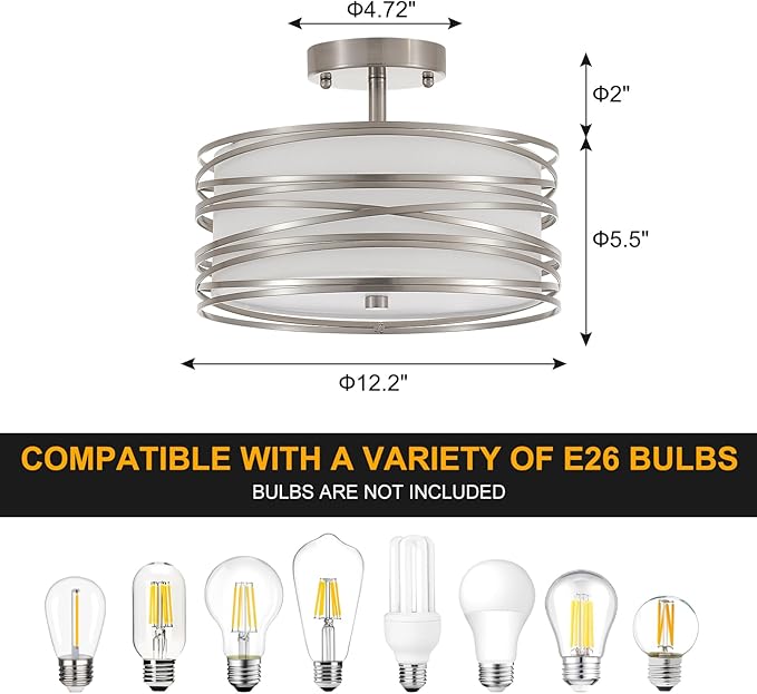 Drum Semi Flush Mount Ceiling Light Fixture Vintage 12.2" Modern Farmhouse 2-Lights Linen Drum Ceiling Lighting Rustic Chrome Ceiling lamp for Dining Room, Bedroom, Laundry Room