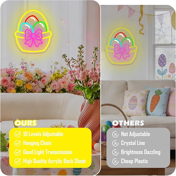 Easter Neon Sign Egg Basket LED Sign for Wall Decor USB Eggs Light Sign for Bar Kitchen Bedroom Easter Decorations Neon Wall Art Light Up Basket Sign for Wall Table Window Festive Decoration Gifts for Family Friends