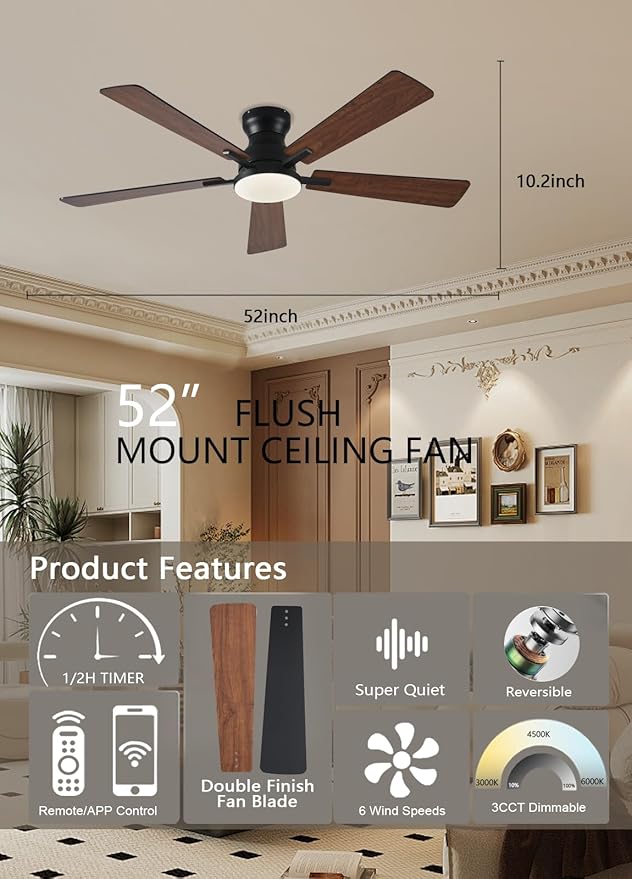 Ceiling Fans with Lights, 52Inch Low Profile Ceiling Fan with Light and Remote/App Control, Modern Flush Mount Brown Ceiling Fan, 3CCT Dimmable, Reversible DC Motor, for Living Room,Bedroom