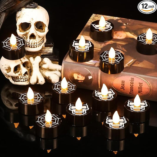 GenSwin Halloween Black Tealights Candles, Battery Operated Tea Lights Candles with Timer, 12 Pack Flameless Candles with 3D Wick, LED Votive Candles with Skull and Spiderweb Prints for Home Decor