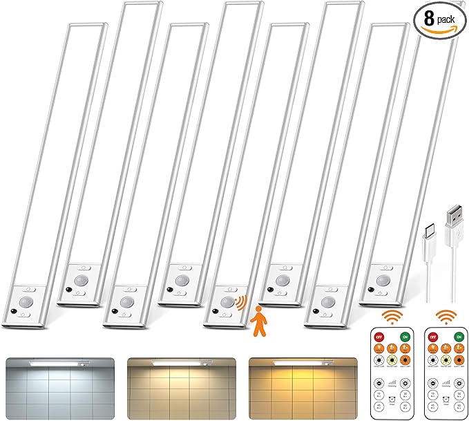 Under Cabinet Lighting with Remote Control,2500mAh USB Rechargeable Motion Sensor Light Indoor,350 Lumen LED Closet Light,3 Color Temps Wireless Under Counter Lights for Kitchen,Cabinet,Bedroom,8 Pack