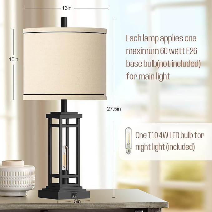 ROTTOGOON 27.5 Tall Farmhouse Table Lamps with USB C + USB A Charge Ports, Rustic Living Room Lamps Set of 2, Black Industrial End Table Lamp for Bedroom Living Room Nightstand (Black)