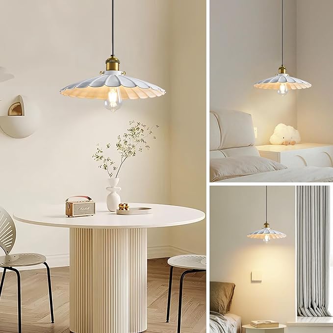 Pendant Lights, 13.8 Inch Glossy White Lampshade Hanging Kitchen Lights 7Ft Height Adjustable Island Pendant Lights for Kitchen Industrial Style Hanging Light for Bedroom 2Pack