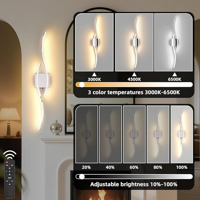 Battery Operated Wall Sconce, Silver LED Battery Wall Light dimming with Remote Control, 31.4Inch Rechargeable Chrome Wireless Wall Lights for Living Room, Bedroom, and Stairs Wall Sconces (2 Pack)