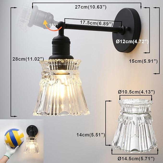 Yosoan 1-Light Vanity Indoor Wall Sconce, Brass Vintage Industrial Single Modern Light Hardwired Fixture Lamp with Petal Stripes Glass Shade for Bedroom Bathroom Kitchen Living Room Hallway(Black)