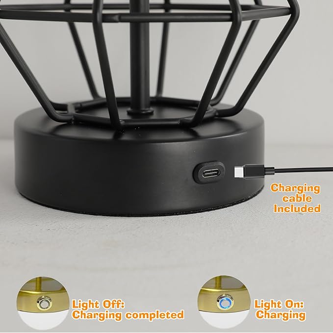 8000mAh Rechargeable Battery Table Lamp,Black Cordless Lamp Set of 2,Touch Stepless Dimming,Black Cage Frame Wireless Lamp,White Lampshade,14.7inches Tall