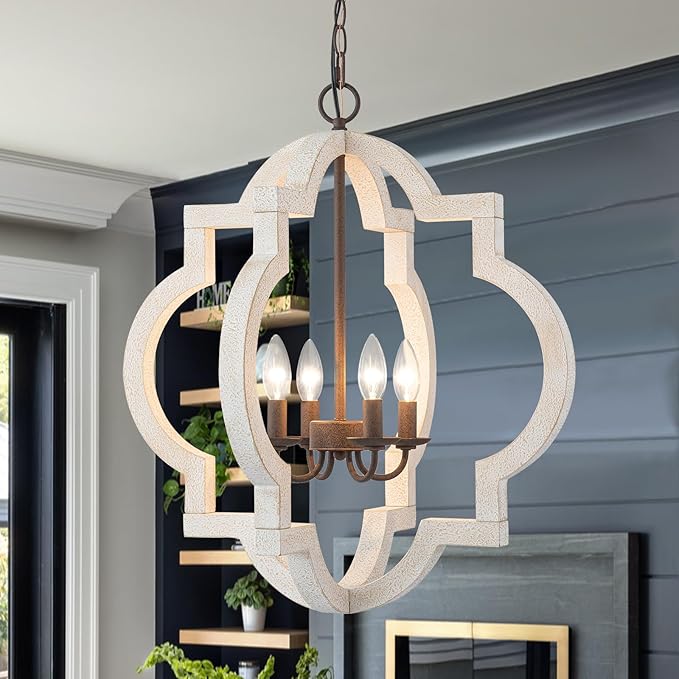 21.7" Oak Farmhouse Chandeliers for Dining Room Light Fixture Orb Distressed White Wood Pendant Light Kitchen Chandeliers over Table Ceiling Hanging Light for Island Living Room Bedroom Entryway Foyer