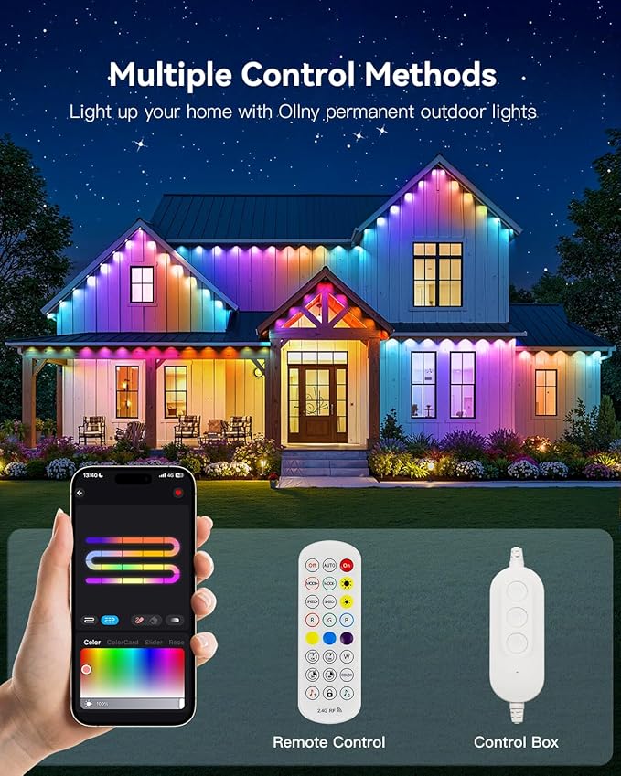 Ollny 50FT 30LED Permanent Outdoor Lights, APP Control RGB Outdoor Lights 100 Scene Modes with Remote, DIY Music Modes Christmas Light for Holiday Xmas Halloween Decorations