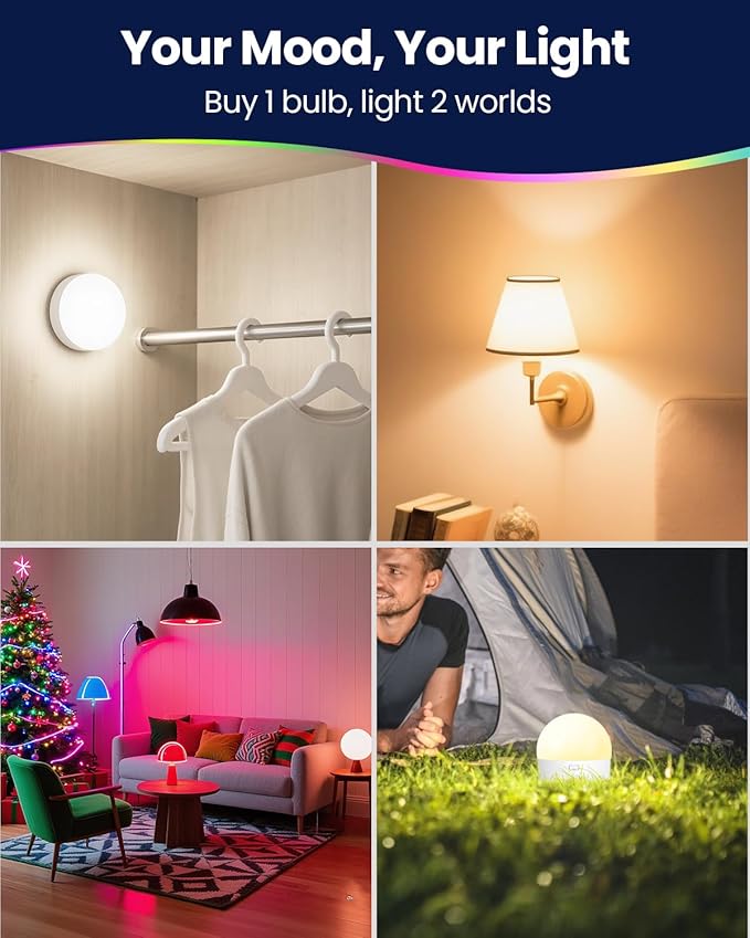 UNILAMP E26 E12 Rechargeable Battery Operated Light Bulb with Remote: 3 Colors+12 RGB Dimmable LED Bulbs with Timer, 2000mAh Magnetic Camping Puck Lights for Lamp, Porch, Emergency - 4 Pack