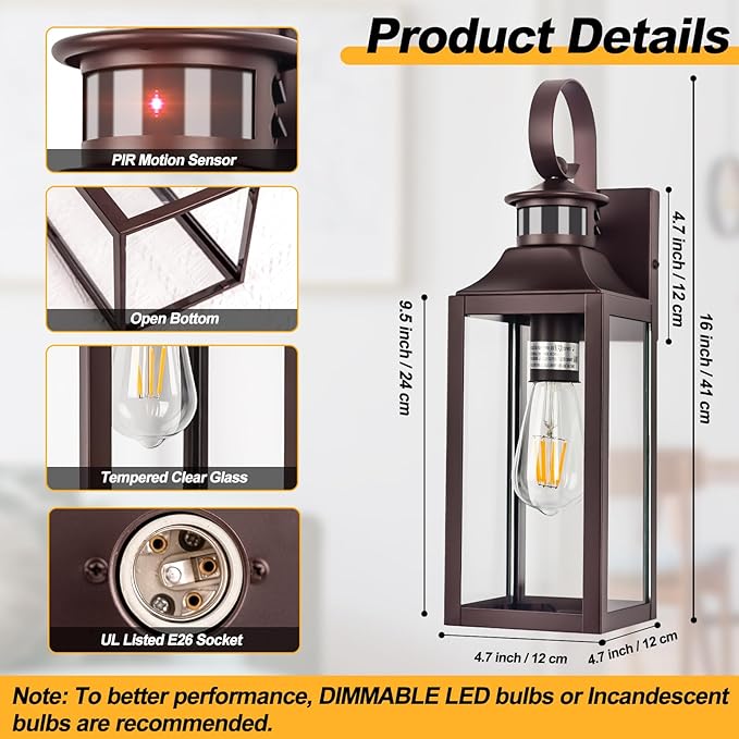 Motion Sensor Outdoor Wall Lights 2 Pack - Oil Rubbed Bronze Dusk to Dawn Light Fixtures, 16" Exterior Wall Sconces, Large Brown Outside Lamps for House, Modern Wall Lanterns