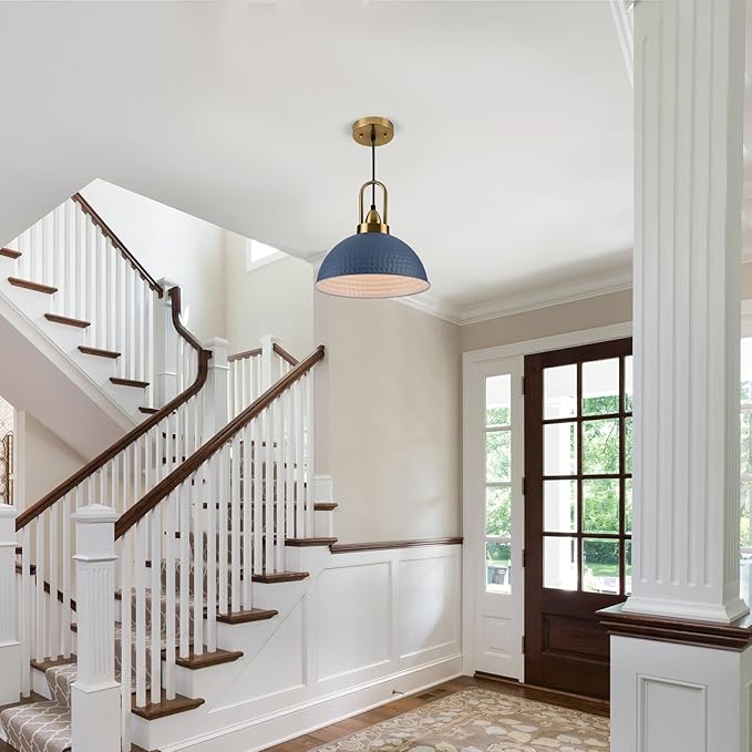 Blue Pendant Lights Kitchen Island Industrial Adjustable Height Vintage Dome Hanging Light Fixtures for Barn, Dining Room 1 Pack