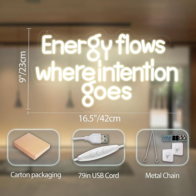 Energy Flows Where Intention Goes Neon Sign – Warm White LED Wall Light for Yoga Room, Gym, Meditation Space, Inspirational Quote Decor for Home or Studio 16.5″ ×9″