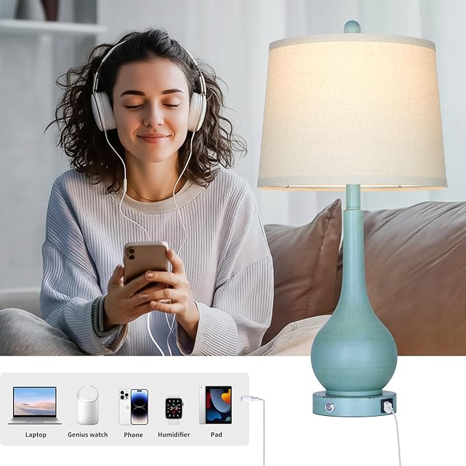 26" Coastal Table Lamps Set of 2, 3-Way Dimmable Touch Control Nightstand Lamps for Bedroom with USB A+C Ports, Modern Farmhouse Bedside Lamp for Living Room, Retro Blue (2 LED Bulbs Included)