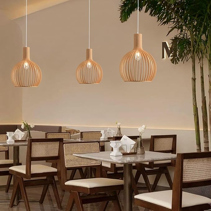 Wood Pendant Light, Natural Weaving Hanging Lamp, E26 Base Wooden Hand Made Chandelier, Boho Height Adjustable Dining Table Hanging Lamp for Bedroom Bar Café Kitchen Island Hallway Living Room