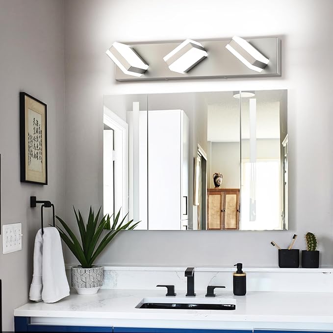 SOLFART Brushed Nickel Vanity Lights Over Mirror, 3 Light LED Bathroom Light Fixture, Vanity Light for Bathroom Modern LED Lights 6000K