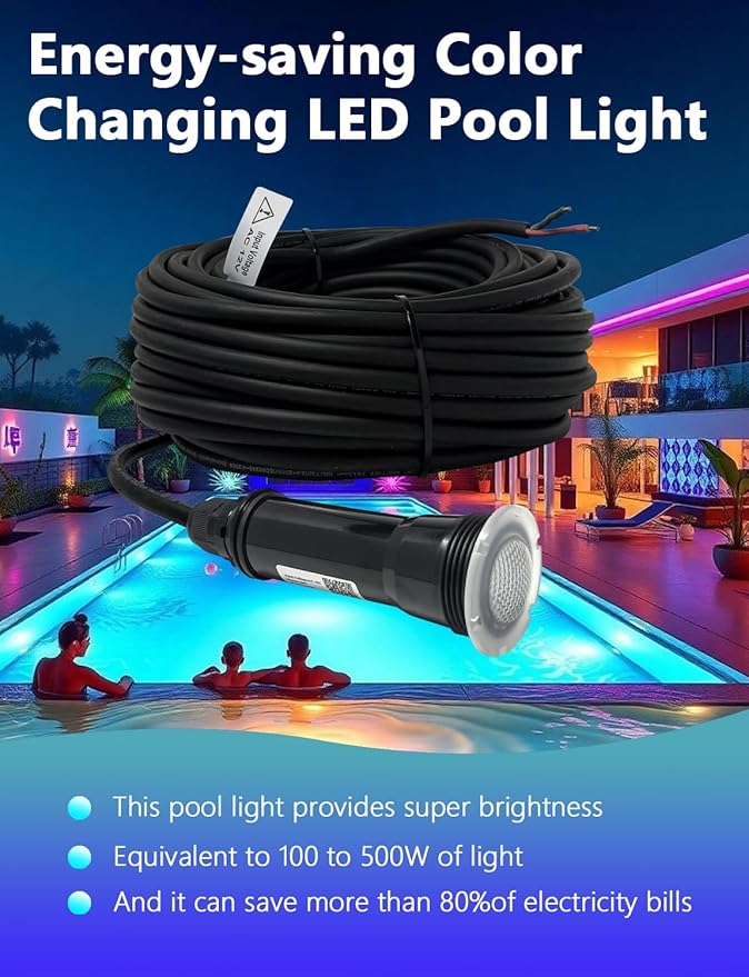 Direct Replacement for Pentair Globrite Color Led Pool Light - 1.5 Inch 100ft Cord 12VAC RGB Changing Swimming for Inground Pools/Spa