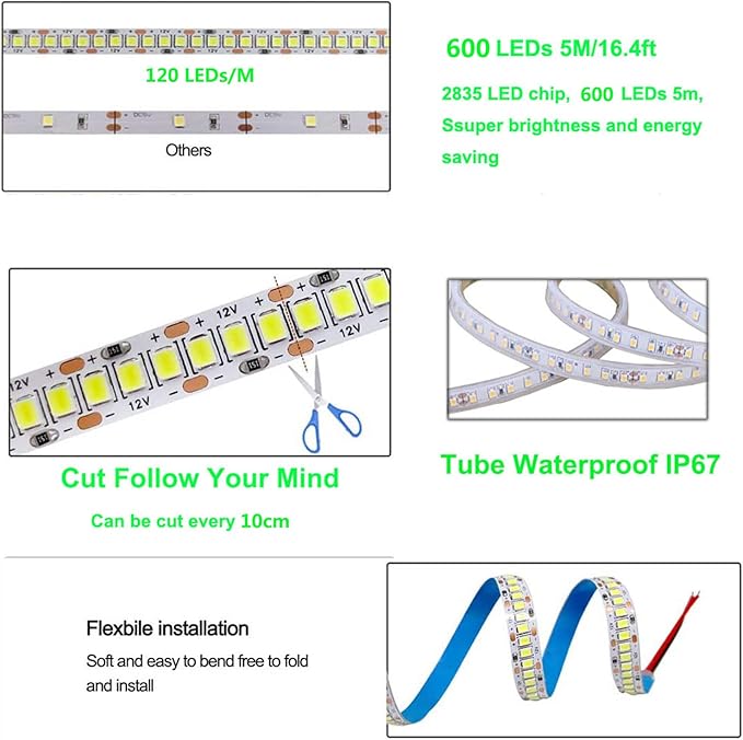 SUYOOULIN LED Strip Lights, 15000LM AC110V/120V 16.4ft/5m SMD 2835 600 LEDs Light Strips Tube Waterproof IP67 LED Ribbon, 2 Times Brightness Than Low Voltage Strip Lights (Blue)