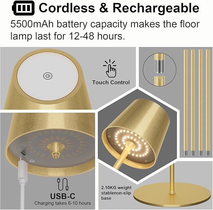 Gold Cordless LED Floor Lamp, Rechargeable 5500mAh Battery Portable Outdoor Floor Lamp Height Stand Lamp for Patio, Living Room, Bedroom Gold