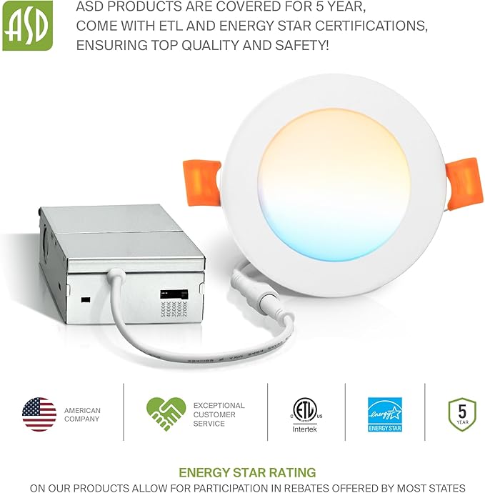 ASD 6 Pack LED Recessed Lighting 4 Inch 9W, 5 CCT 2700K-5000K CRI90+, IC Rated Ultra Thin Dimmable Ceiling Lights with J Box, Canless Wafer Downlight, Round Slim Panel Light, Energy Star ETL, White