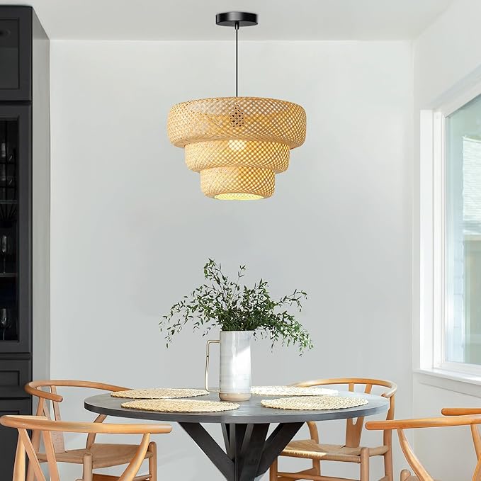 18inch Bamboo Rattan Pendant Light, 3-Layer Hand-Woven Wicker Boho Hanging Ceiling Light Fixture, Beige Rustic Farmhouse Chandelier Lamp for Kitchen Island, Dining Room, Bedroom, Living Room