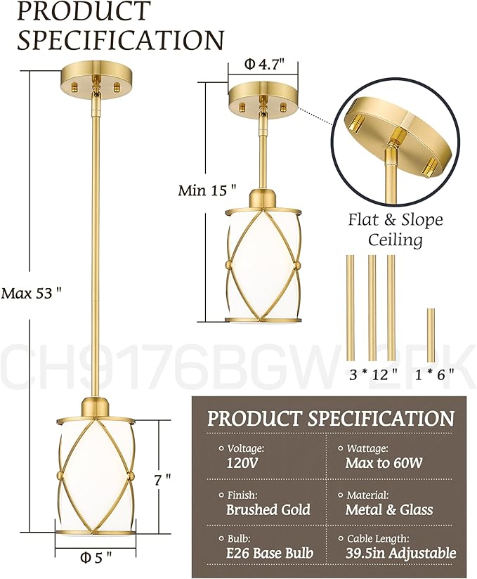 Brushed Gold Pendant Lights Kitchen Island 3 Pack, Milk Glass Kitchen Pendant Lighting Over Island with Rod, Modern Mini Hanging Light for Kitchen Sink Dining Room, CH9176BGW-3PK