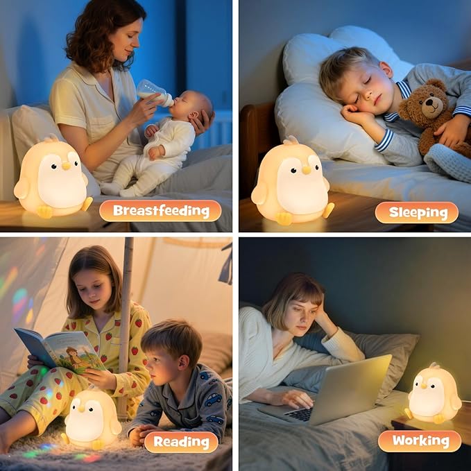 Squishy Penguin Night Light with RGB Mode Cute Chubby Penguin Light 3 Brightness Adjustable Nursery Breastfeeding Nightlight Rechargeable Silicone Touch Bedside Animal Lamp for Bedroom Dorm Decor