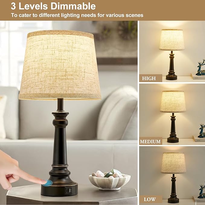 Touch Lamps for Nightstand Set of 2 - Black Table Lamp for Bedroom 3 Way Dimmable Bedside Lamp with USB C+A Ports - Lamps for Night Stands Living Room End Table,2 LED Bulbs Included