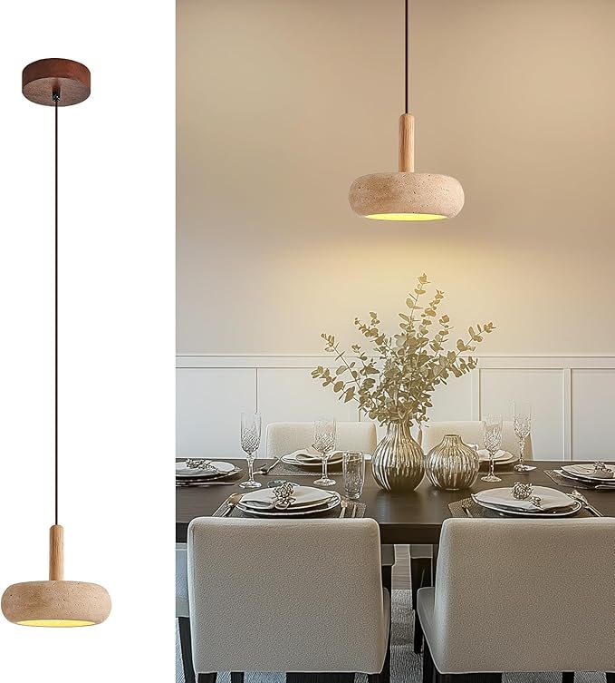 Wabi Sabi Pendant Light Natural Stone Shade, 7" Kitchen Island Hanging Lighting Fixture, Yellow Travertine Pendant Lights, 18W Coastal Wabi Sabi Marble Wood Chandelier for Dining Room Bedside Hallway