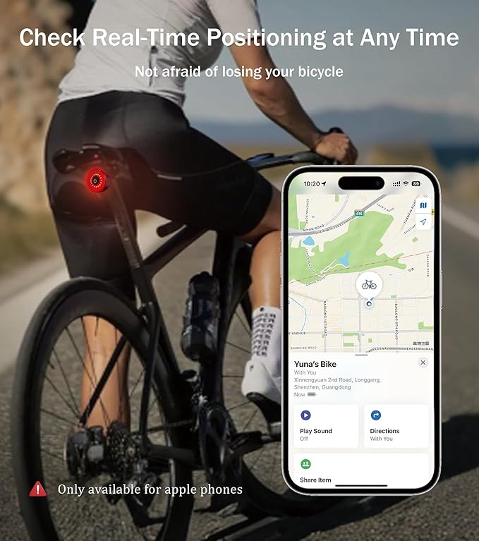 Smart Rechargeable Bike Tail Light: with Apple Find My(iOS Only), IP65 Waterproof, 5 Modes, USB-C Ports, Bright LED Safety Rear for Bicycle Road Mountain, Night Riding Essential
