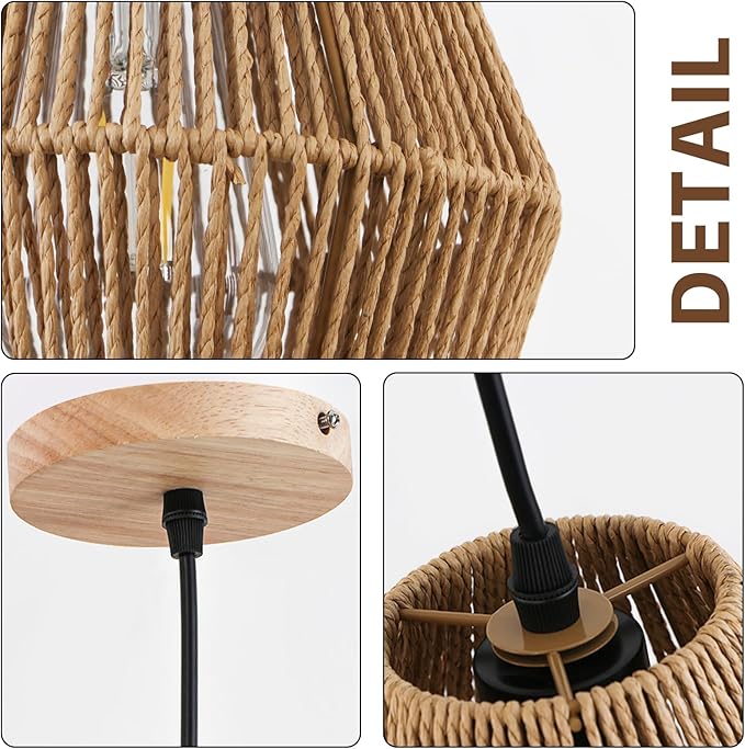 Bohemian Woven Rattan Pendant Light, 7'' Boho Hanging Light Fixture Mini Chandelier with Handwork Cage, Farmhouse Natural Small Pendant Lighting
