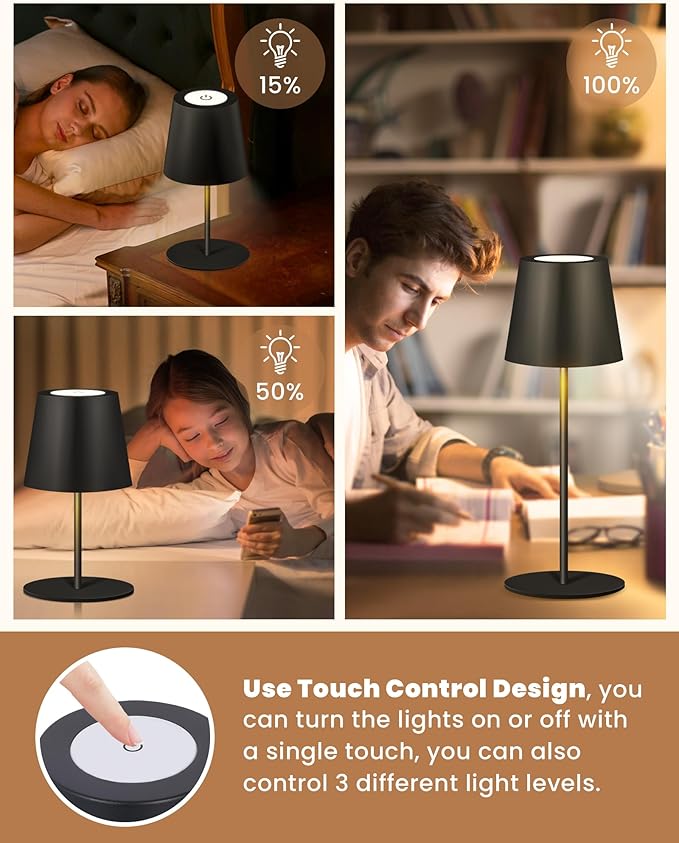 2 Pack Cordless Table Lamp,Wireless Bottle Lamp,3 Level Dimming LED Portable Desk lamp,5000mAh Rechargeable Battery,One-Touch Power Off,Waterproof Outdoor,for Bedroom/Bars/Camping(Black)