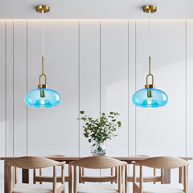 Light Blue Glass Pendant Lights Kitchen Island Gold Pendant Light Fixtures Adjustable Height Modern Pendant Lighting for Bedroom Dining Room (1-Pack)