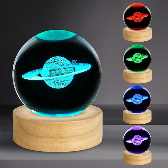 3D Saturn Crystal Ball Night Light 2.4in Saturn Planet Glass Sphere Lamps Decor with 16 Colors Change Remote Control Galaxy Birthday Christmas Gifts for Friends Kids