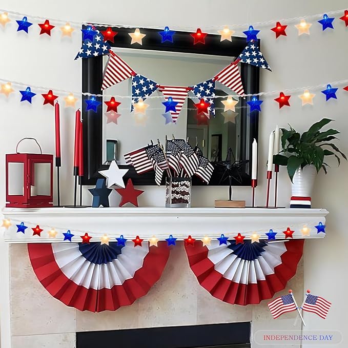 Red White Blue Stars String Lights, 8.5Ft 4th of July Decorations Lights with 10 Red White Blue Lights, Plug in Stars String Lights Outdoor for Independence Day Memorial Patriotic Party Gift Decor