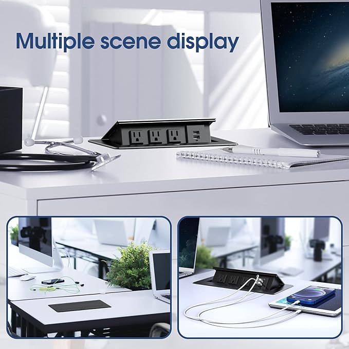KYHSHJ Connection Box Desktop Pop Up Outlet with 2 USB Ports & 3 Outlets(Black)