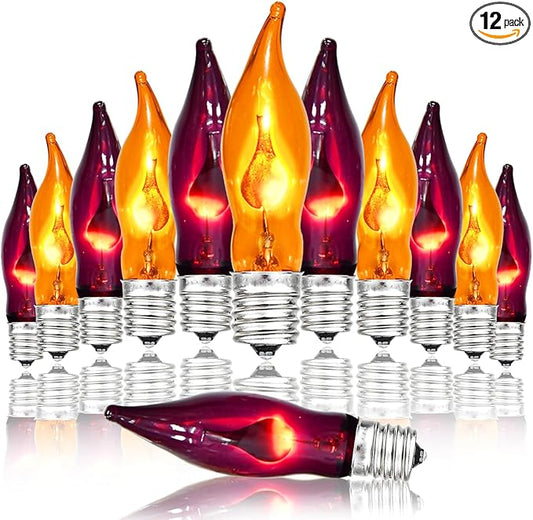 12 Pack C7 Clear Orange and Purple Flickering Flame Replacement Bulbs for String Lights Outdoor, E12 Screw Base, Flame Bulbs for Halloween Indoor Outdoor Roofline Garden Patio Party Decorations