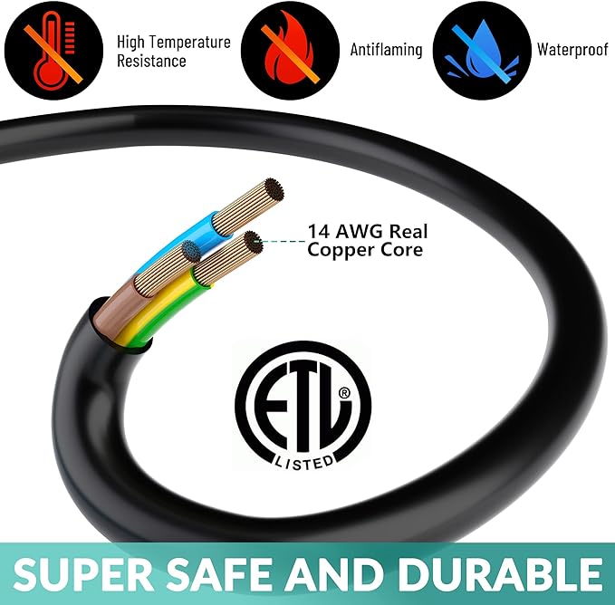Outdoor Extension Cord 12 Ft with 3 Outlets, 14/3 SJTW 3 Prong Grounded Power Cord, 14 Gauge 14AWG Heavy Duty Power Cable, ETL Listed, 15 Amp 125 V 1875 W-Multiple Outlets for Indoor/Outdoor-Black