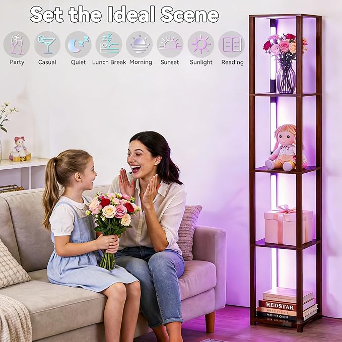 RGBCW Floor Lamp with Shelves, Smart Modern Floor Lamp with Music Sync, Color Changing Corner Display Shelf Lamp, Dimmable Square Standing Lamp for Living Room and Bedroom, Office
