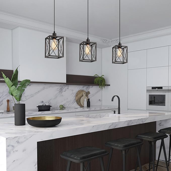 Black Pendant Lighting Modern Pendant Light, Adjustable Pendant Light Fixture,Pendant Lights Kitchen IslandLight (3 Pack Square Pendant Light)