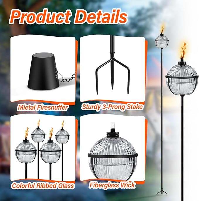 Citronella Torches Set of 4, Large Capacity 16 oz Outdoor Glass Torch Garden Décor，58.6 - Inch Upgraded Citronella Torches with 3-Prong Grounded Stake for Yard, Patio, Gatherin