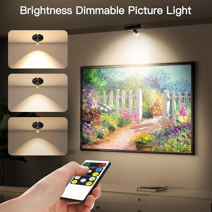 Indoor Plant Spotlight Battery Operated,Picture Light with Remote,Wall Painting Uplight,Wireless Dimmable Timer,Spot Light for Plants Trees Pictures Display Painting Art Frame Gallery Portrait