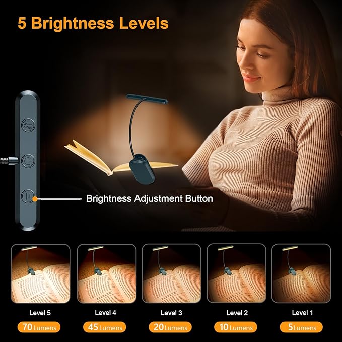 Gritin Rechargeable Book Light for Reading in Bed with 19 LED &Memory Function-Eye Caring 3 Color Temperatures,5 Brightness Levels,90 Hrs Runtime Flexible Goose Neck Clip on Light-Aquamarine