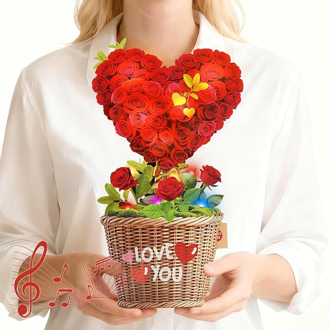 Birthday Cards with MUSIC & LIGHTS, 3D Pop Up Mothers Day Card & Anniversary Card, Love Tree Hearts, 10 Inch Life Sized Forever Bouquet Mothers Day Gifts for Her Women Wife Mom