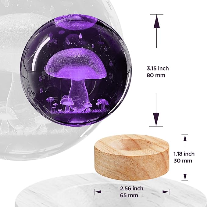3D Mushroom Crystal Ball Night Light,3.15in k9 Crystal Ball Lamp with 16 Colors Change,Wooden Base and Remote Control Mushroom Decor Gifts for Kids