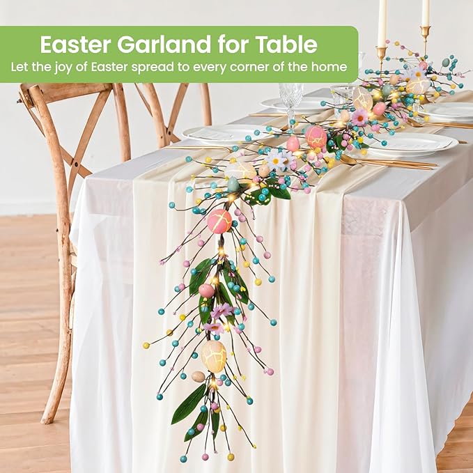 6 FT Pre-Lit Easter Garland with 20 LED Lights & 8 Mode Timer, Mixed Pastel Easter Pip Berry Spring Galand for Mantle Decorations, Lighted Artificial Easter Egg Garland for Fireplace Table Holiday