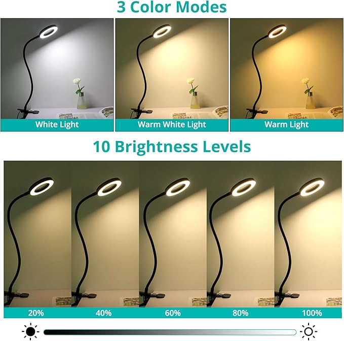 5X Magnifying Glass Desk Clip Light, 10 Brightness, 3 Color Modes, 5V/2A Adapter Included Clamp Light for Reading, Crafting, Close Work (Black)