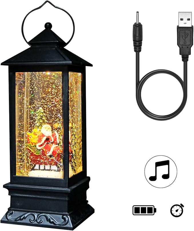 DRomance Santa Music Snow Globe Lantern with Timer Battery Operated & USB Powered Lighted Singing Snow Globe Lamp Spinning Water Swirling Glitters Christmas Decor 4" x 4" x 12"