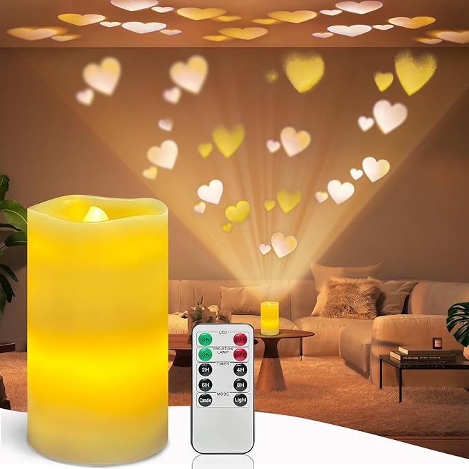Flameless Candle Heart Projector Light,Valentines Day Decorations Candles Lamp with Romantic Heart Projector Lights, Battery Operated LED Candle with Remote&Timer for Girl Women Mom (Ivory - Heart)
