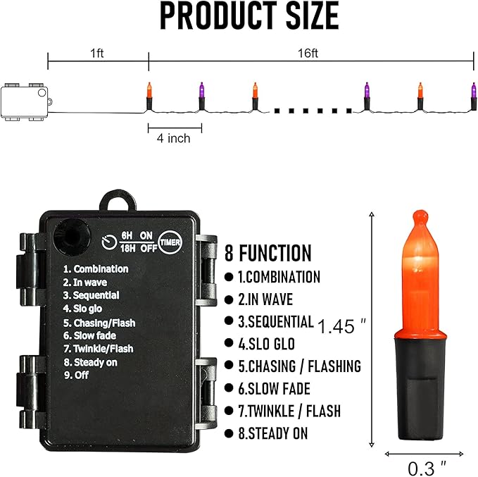 TW SHINE Battery Operated Halloween Lights, 2 Pack Total 100 LED 32 FT Orange and Purple Lights Outdoor, Waterproof Mini String Light with 8 Modes, Halloween Decorations for Indoor Patio Party Decor