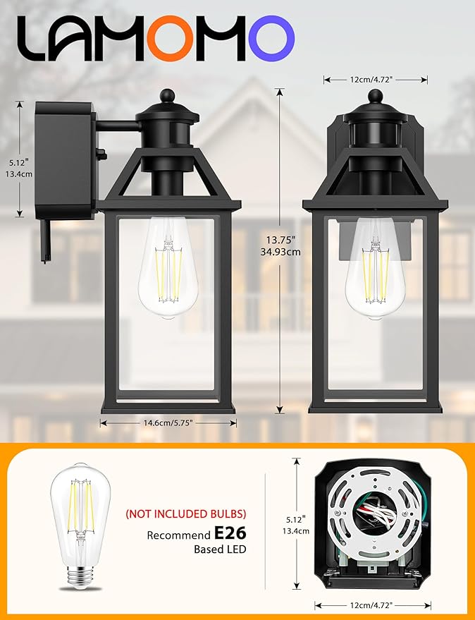 Porch Light with GFCI Outlet, 14'' Large Motion Sensor Outdoor Lights for House, Waterproof Exterior Lighting Fixtures, Black Anti-Rust Outside Wall Mount Sconce for Patio Front Door Entryway, E26